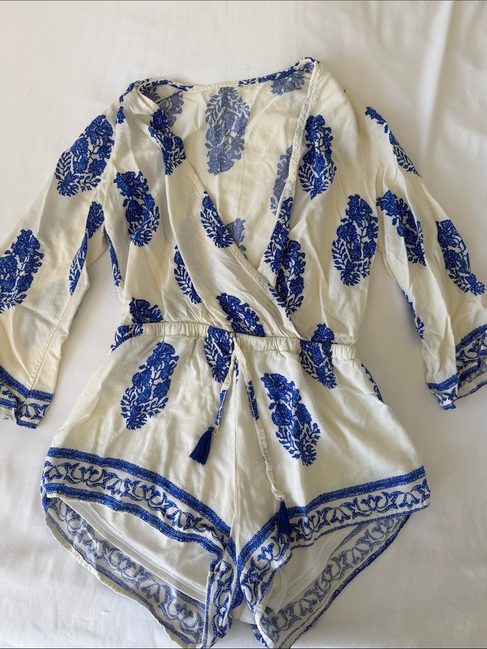 White Romper with Cobalt Blue Embroidery S